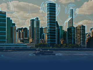 City skyline with connectivity illustrations overlay