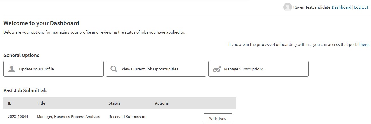 A screenshot example of the Candidate Dashboard interface