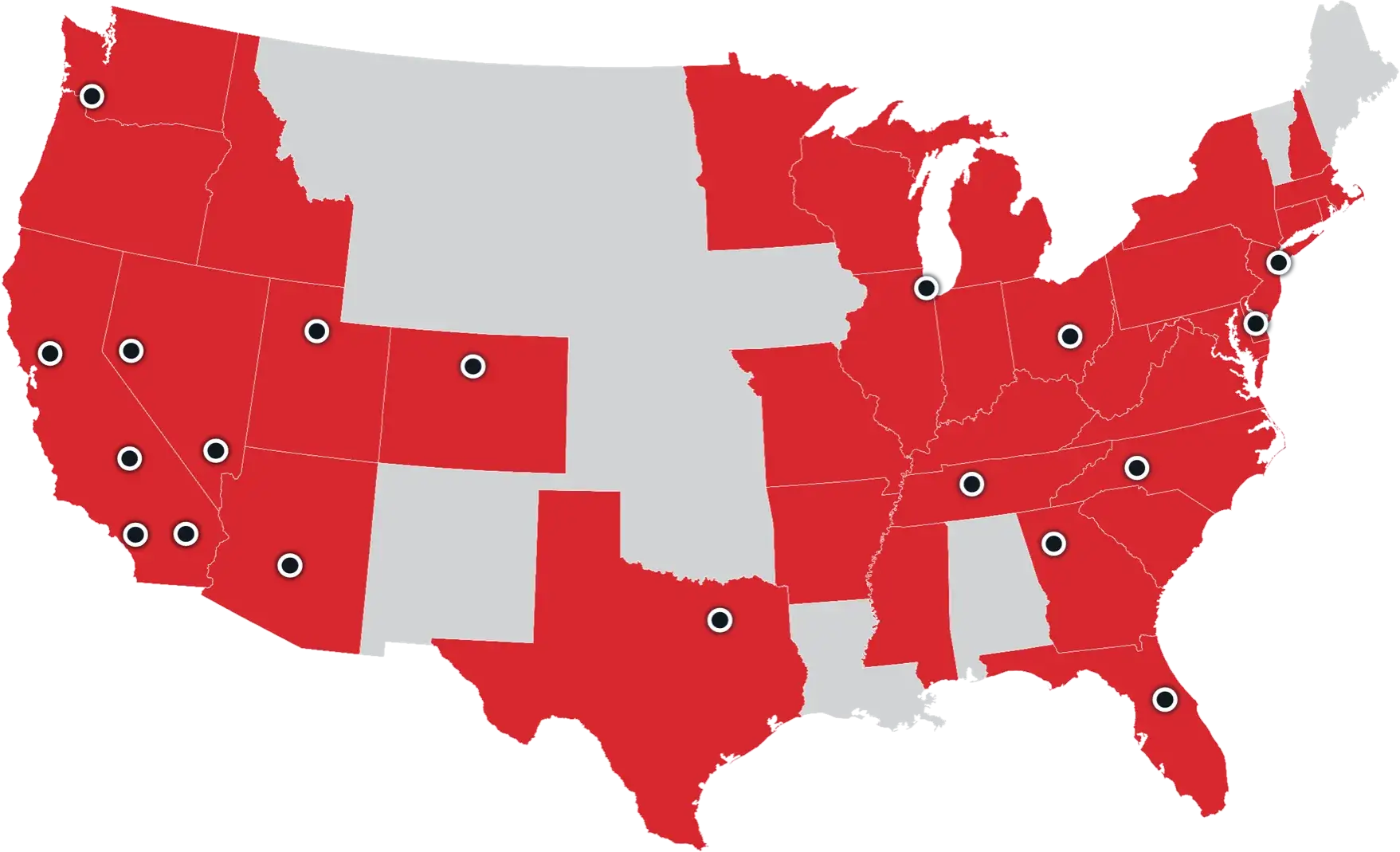 Map of the US showing all Ontrac Office Locations