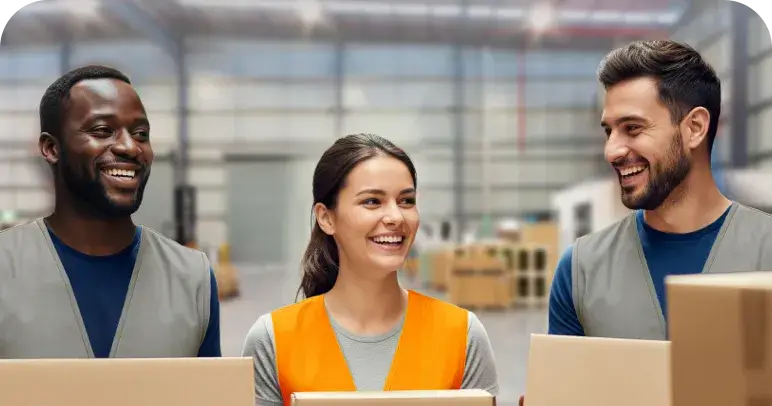 Three employees working in a warehouse together