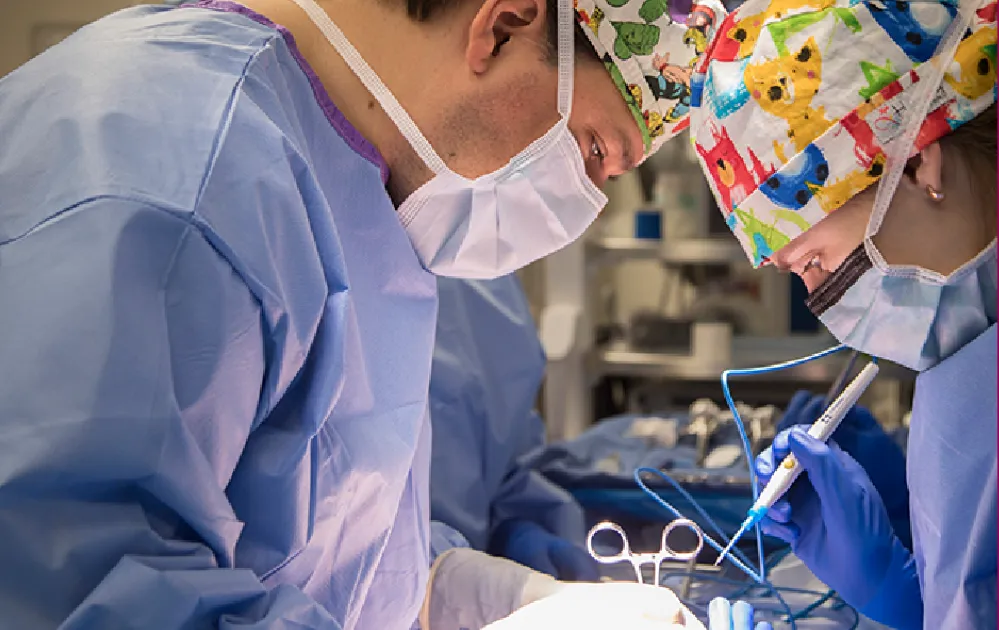 Two doctors performing a surgical procedure