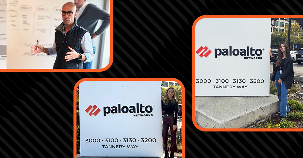 Photos of Palo Alto Networks Spain sales team members María, Andreea, and Rafael at the Santa Clara, California headquarters during their FLIGHT onboarding.