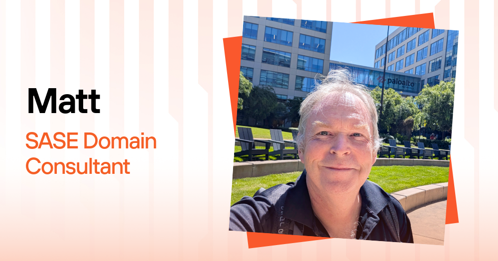 Matt, a SASE Domain Consultant at Palo Alto Networks Australia, discussing his career progression from Solutions Consultant.