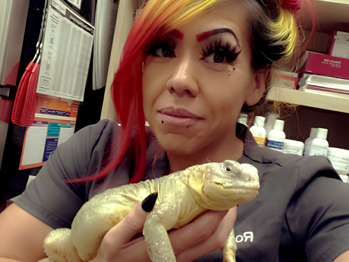 Veterinary team member with colorful red, orange, and yellow hair holds a light-colored lizard in a clinic setting. The team member smiles while gently supp