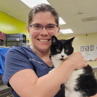 Dr. Nelson hold a black and white cat