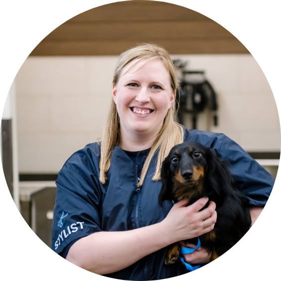 Grooming Salon Leader women hold a black dog