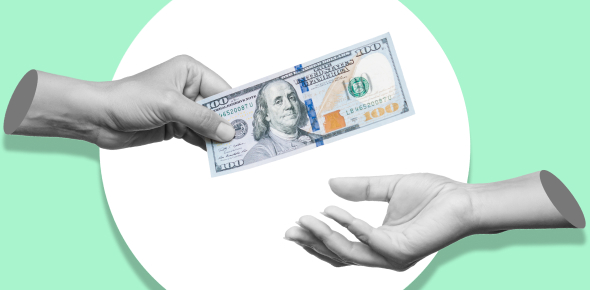 Hands exchanging a $100 bill against a green background.
