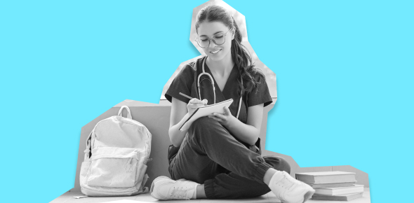 Veterinary professional studying with a notebook, backpack, and books against a blue background.