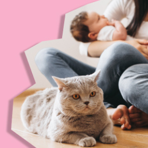Cat resting near a caregiver holding a baby against a pink background.