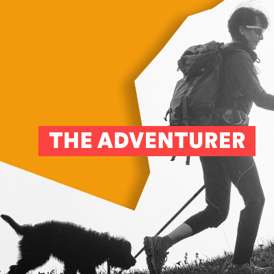 Hiker with a backpack and trekking pole exploring outdoors against an orange background with a dog following.