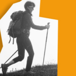 Hiker with a backpack and trekking pole exploring outdoors against an orange background.
