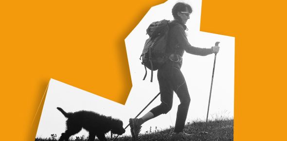 Hiker with a backpack and dog exploring outdoors against an orange background.