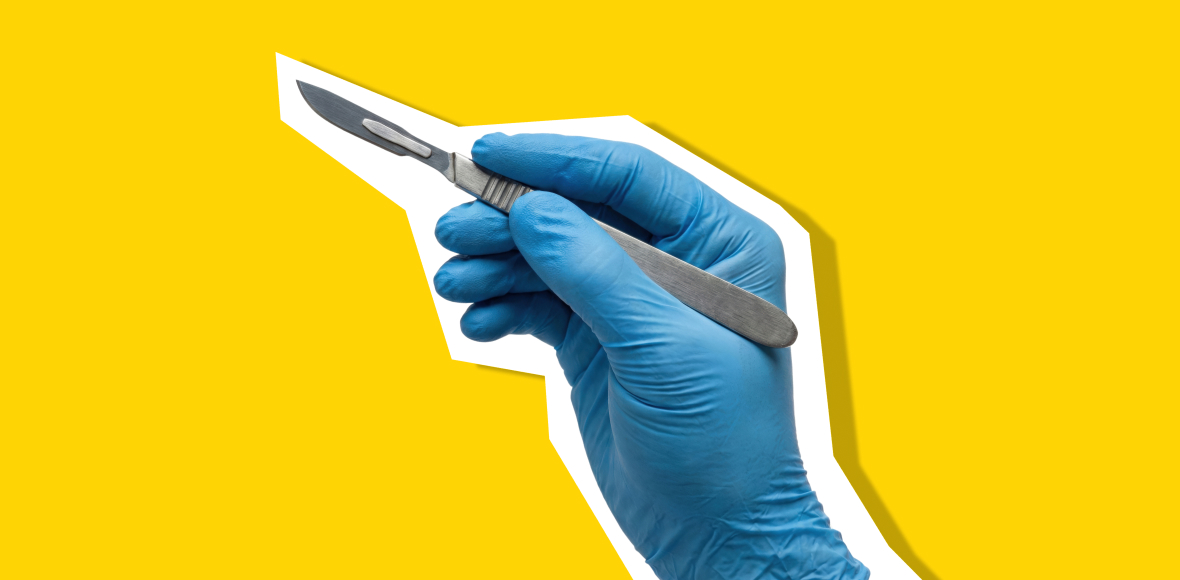 Gloved hand holding a surgical scalpel against a bright yellow background.