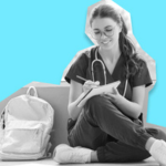 Veterinary professional studying with a notebook, backpack, and books against a blue background..