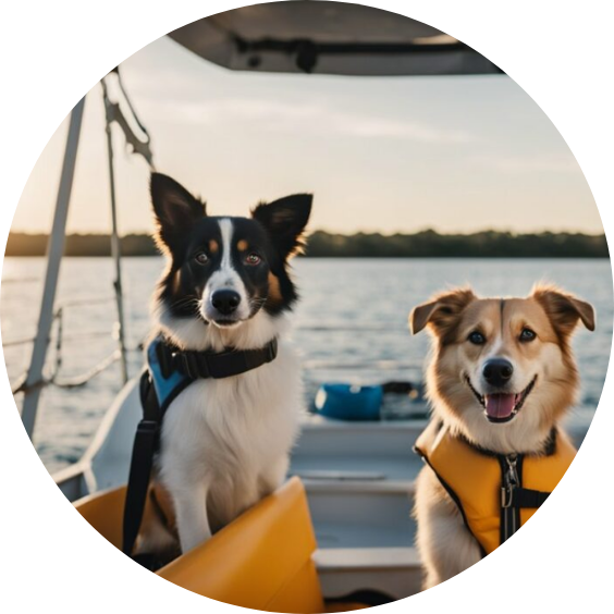 Two dogs wearing life jackets sitting together on a boat.