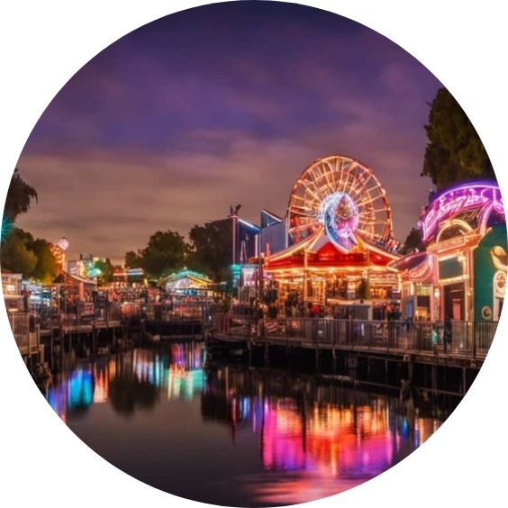 Colorful amusement park rides reflected on the water at night.