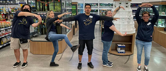 Group of Petco employees spelling out Petco with their arms and legs