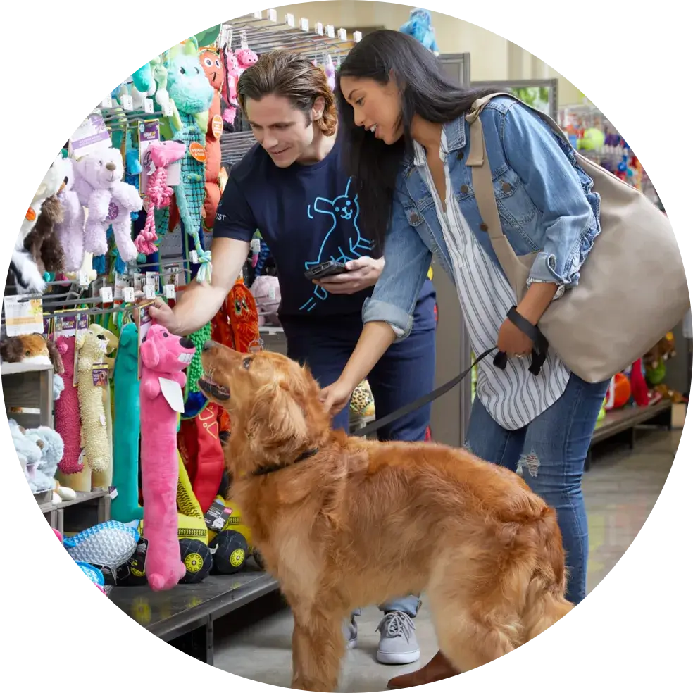 Petco employee showing a woman, and her golden retriever, dog toys in a store