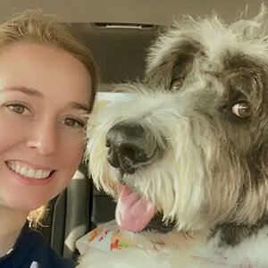 Dr. Hannah Mitchell with a dog named Babar