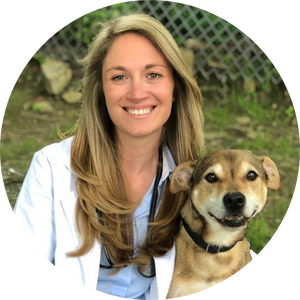 Dr. Elyse Pendergast in white coat with brown dog.