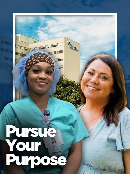 Two women stand in front of a hospital building; one wears surgical scrubs and the other wears a light-colored blouse. Text reads, "Pursue Your Purpose."