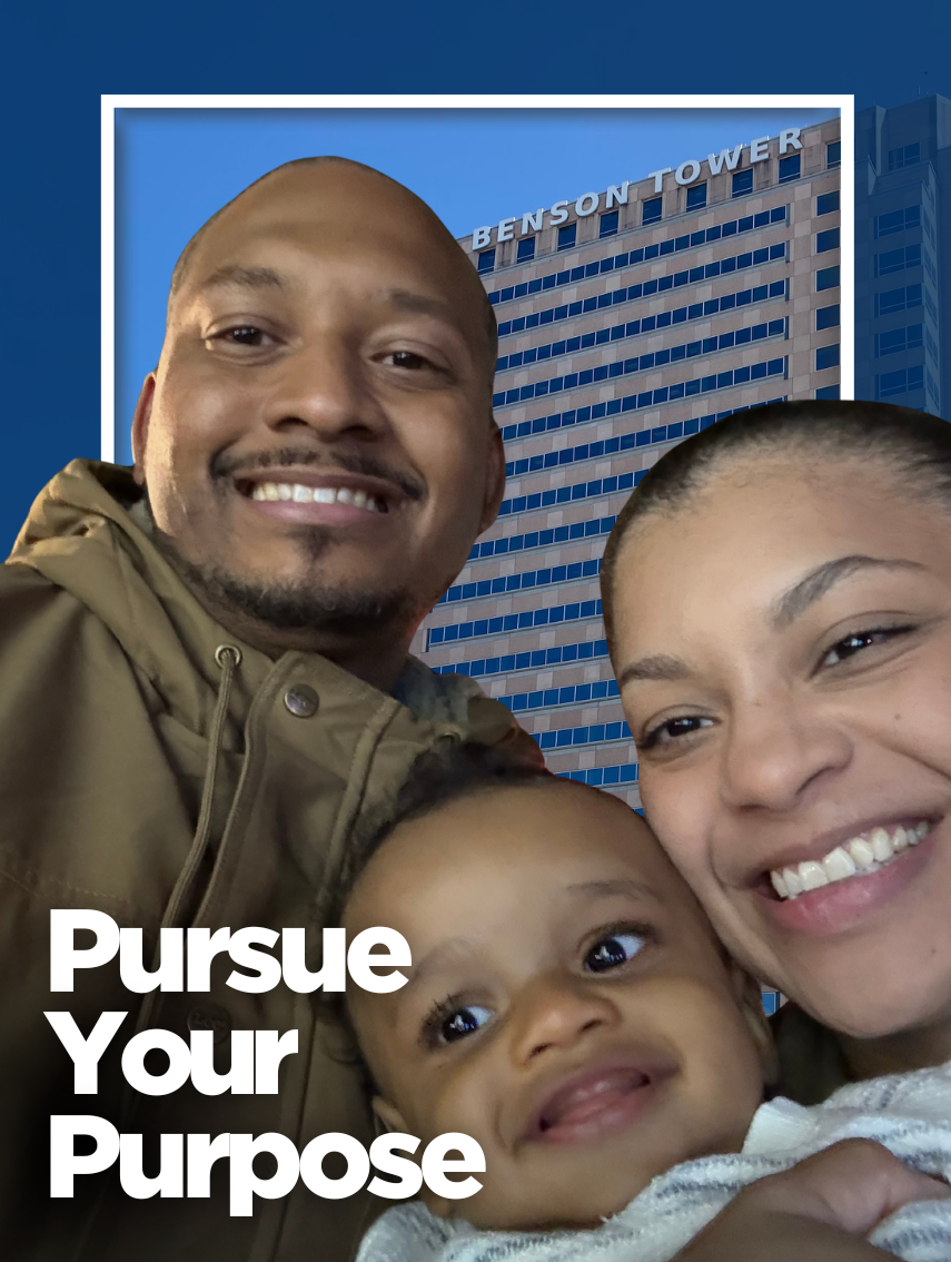 Family portrait graphic showing two adults and a child smiling in front of Benson Tower, with the words "Pursue Your Purpose" displayed prominently.
