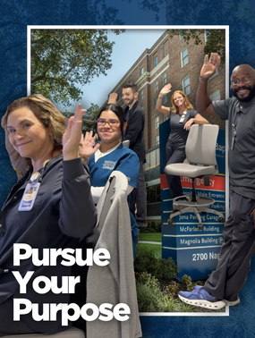 Five people in scrubs wave toward the camera featuring a healthcare facility. A hospital building and campus sign appear in the background. Text reads, "Pursue Your Purpose."