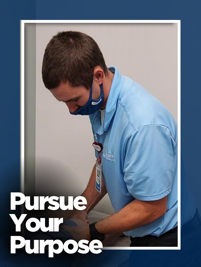 Healthcare professional in a light blue polo shirt and dark blue face mask, focused on providing care. The text 'Pursue Your Purpose' overlays the bottom left corner.