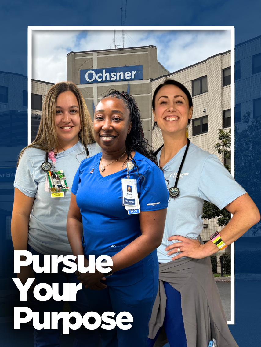 Three smiling nurses from the Med Tele unit at Ochsner Slidell Memorial Hospital stand together in their scrubs. The background features a modern hospital building.