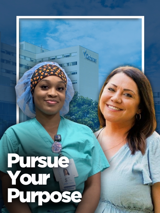 Two women stand in front of a hospital building; one wears surgical scrubs and the other wears a light-colored blouse. Text reads, "Pursue Your Purpose."