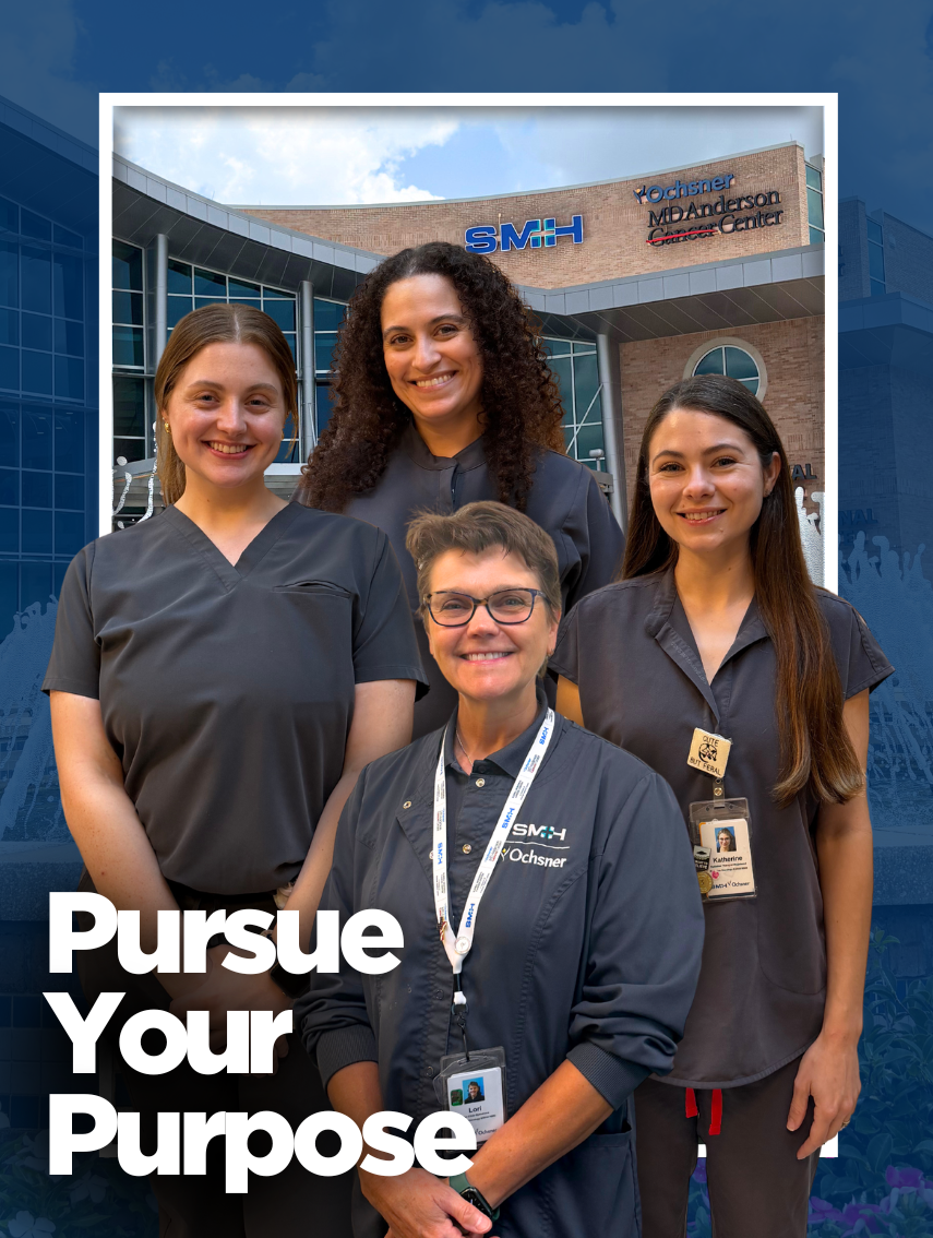 Portrait of Ochsner radiation therapy team members standing in front of a fountain at the Slidell Regional Cancer Center building.