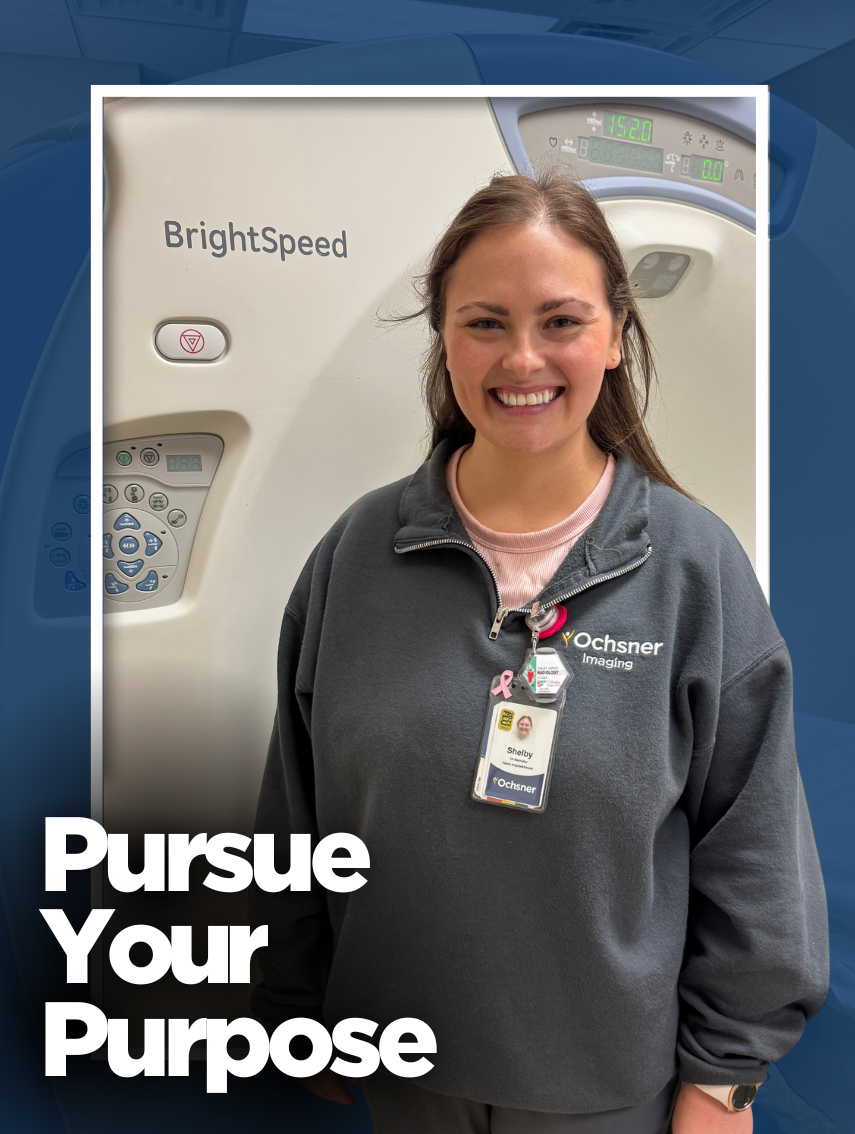 A smiling female healthcare professional named Shelby stands in front of a BrightSpeed CT scanner, wearing a dark gray pullover with an Ochsner Imaging logo and an ID badge.