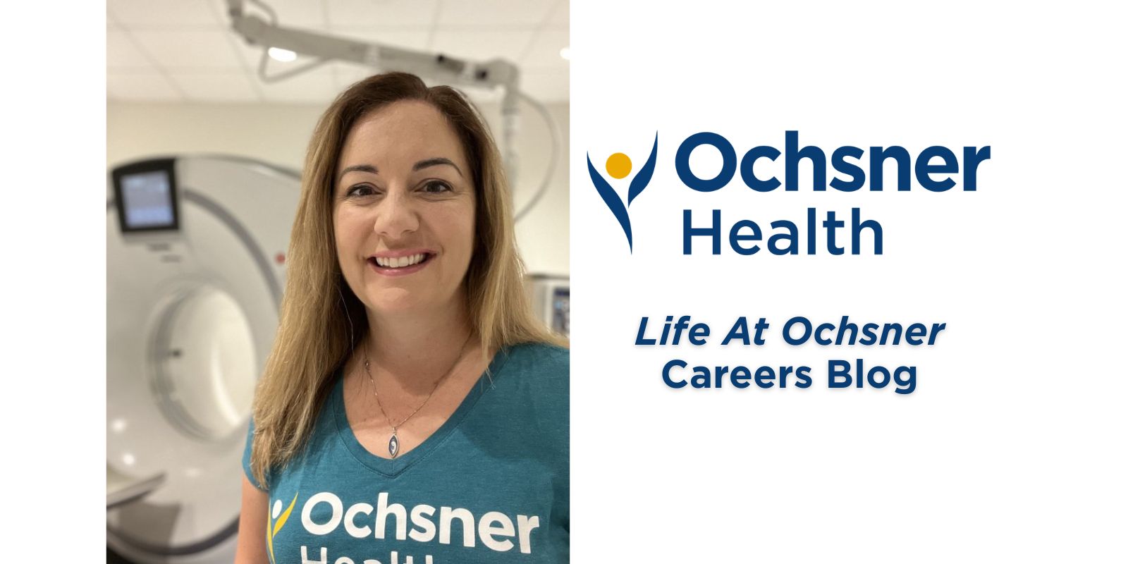 Female smiling in an Ochsner Health t shirt in front of a CT machine.