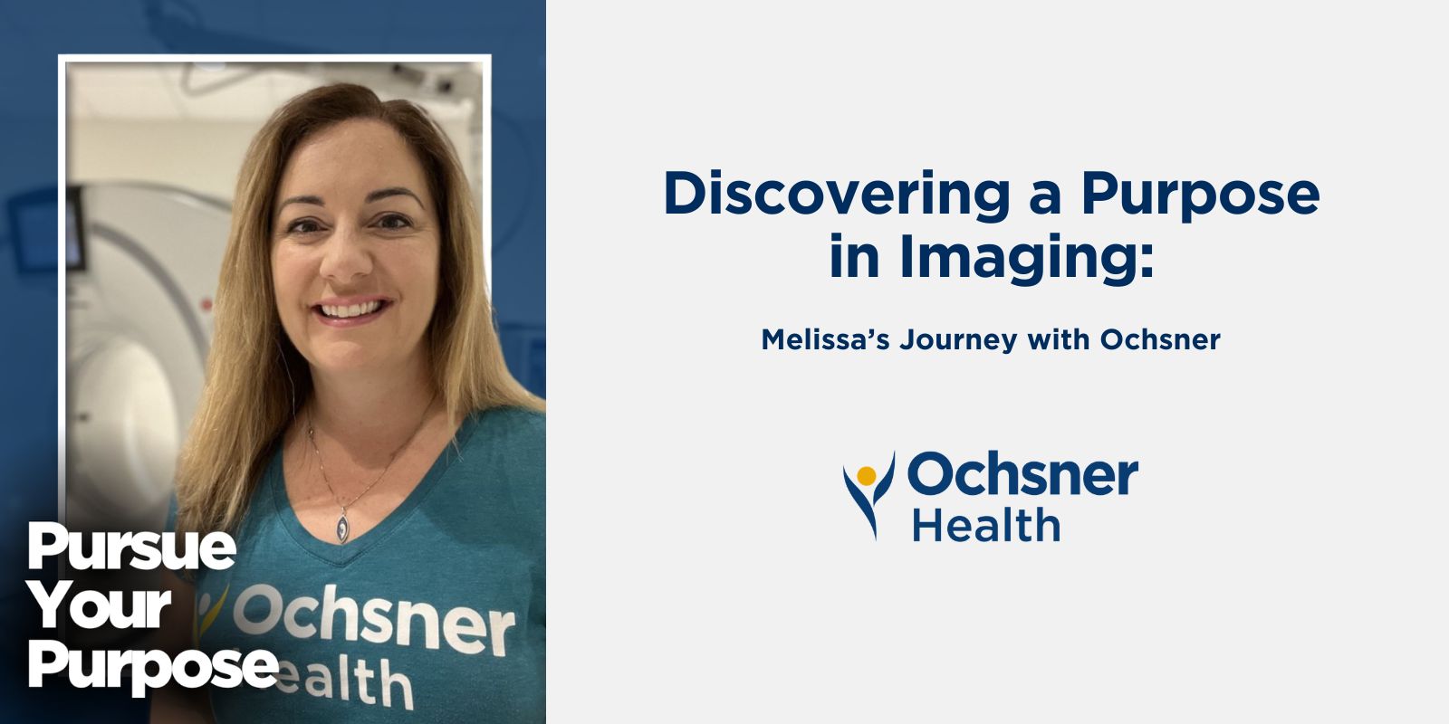 Female smiling in an Ochsner Health t shirt in front of a CT machine.