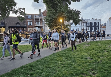 A large group walking through a scenic town.