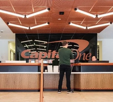 Capital One office reception area with modern design.
