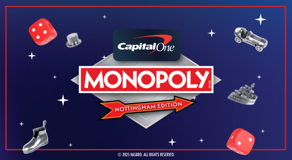 Capital One featured on Nottingham Monopoly board banner.