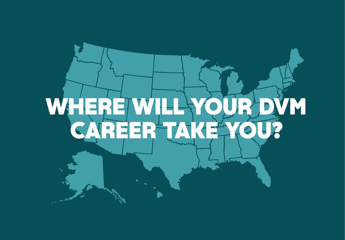 A map of the United States of America with the text "Where will your DVM career take you?" overlaid on top