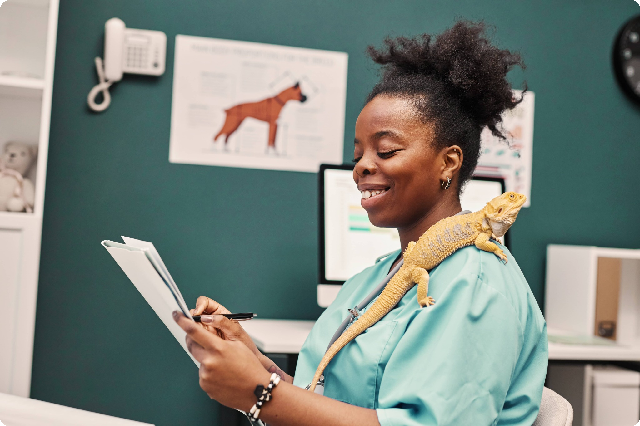 Veterinary professional examines paperwork with a lizard on her shoulder