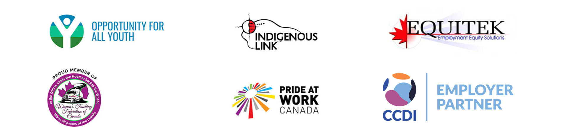 Partners Logo: Indigenous Link, Equitek, Opportunity for all Youth, Pride at work Canada, Women’s Trucking Federation of Canada