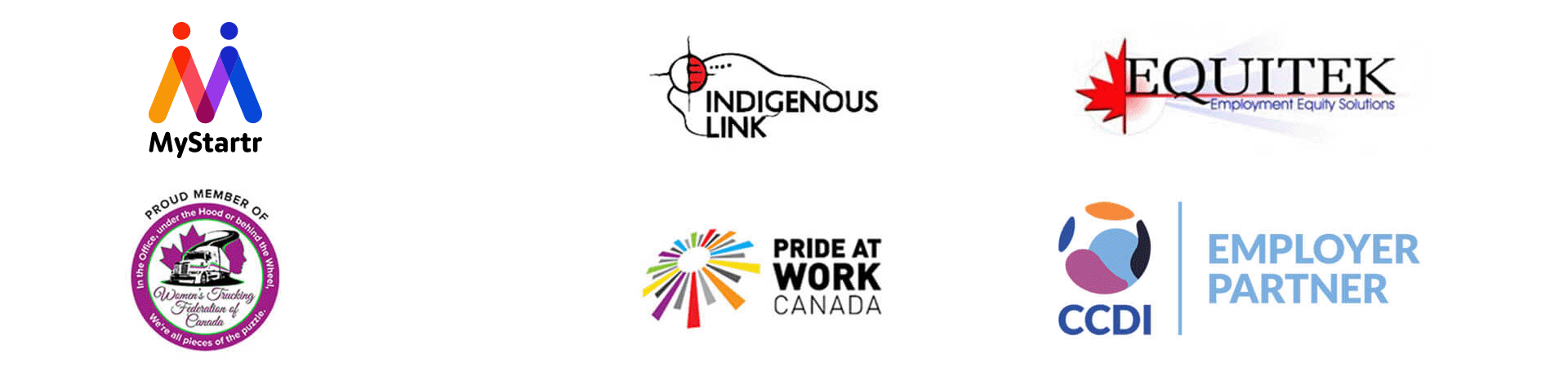 Partners Logo: Indigenous Link, Equitek, Opportunity for all Youth, Pride at work Canada, Women’s Trucking Federation of Canada