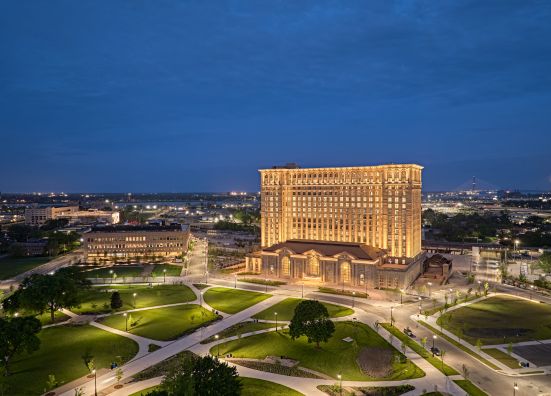 Michigan Central Station lit up at night