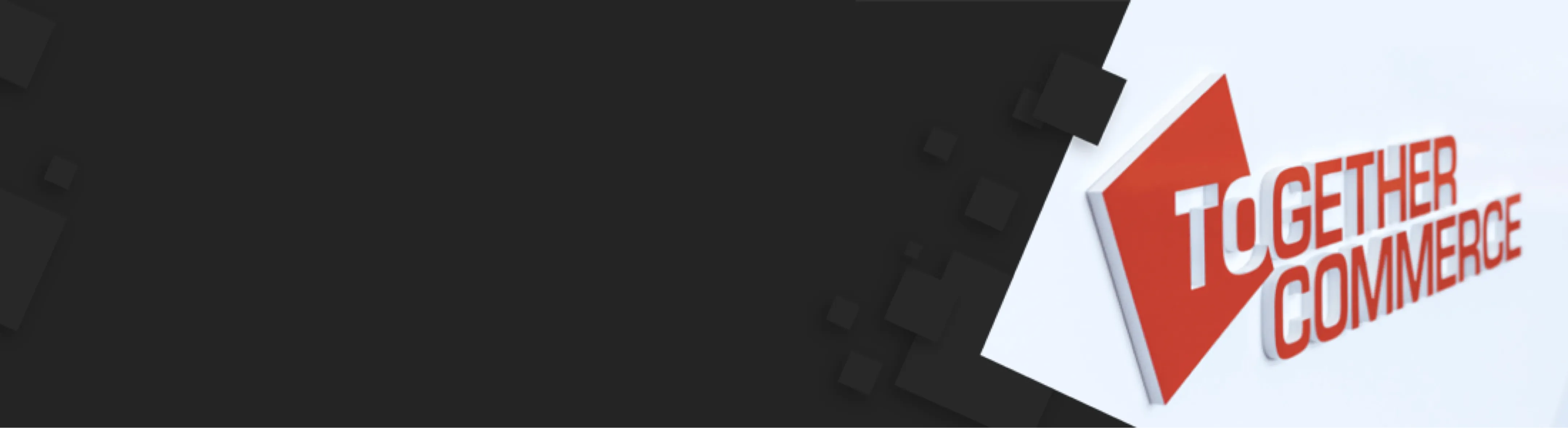 An abstract banner with a fading black to white background. A red 3D logo 'TOGETHER COMMERCE' sits on the white, with small black squares scattered across both sections