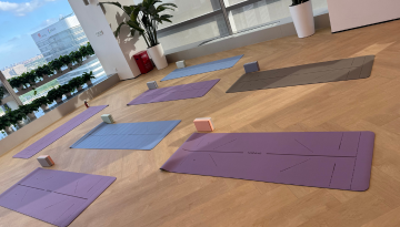 Six yoga mats spread out on floor with green plants in background