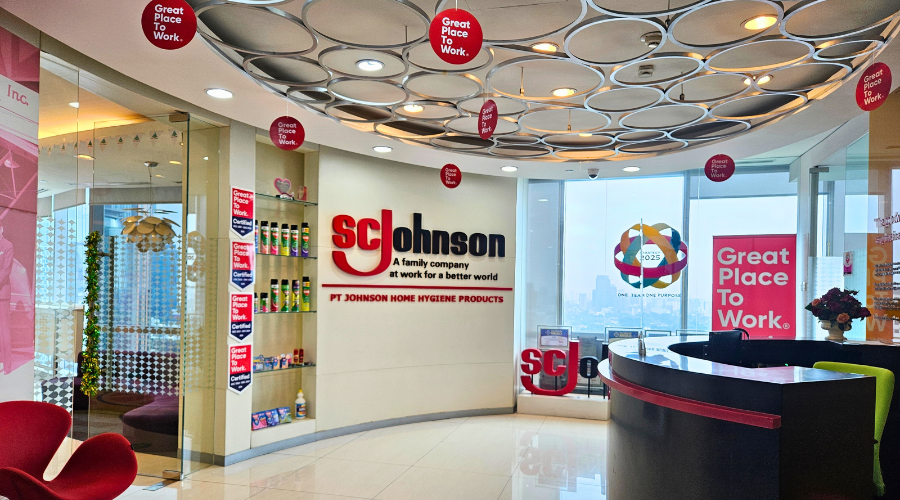 Front desk area of Jakarta office - SC Johnson logo and products on wall