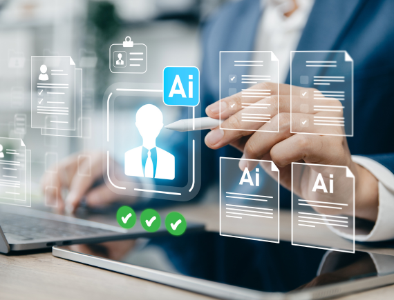 Person at a computer holding up stylist tool to AI hologram icon