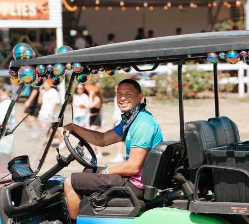 shower power golf cart display of activation for method at coachella