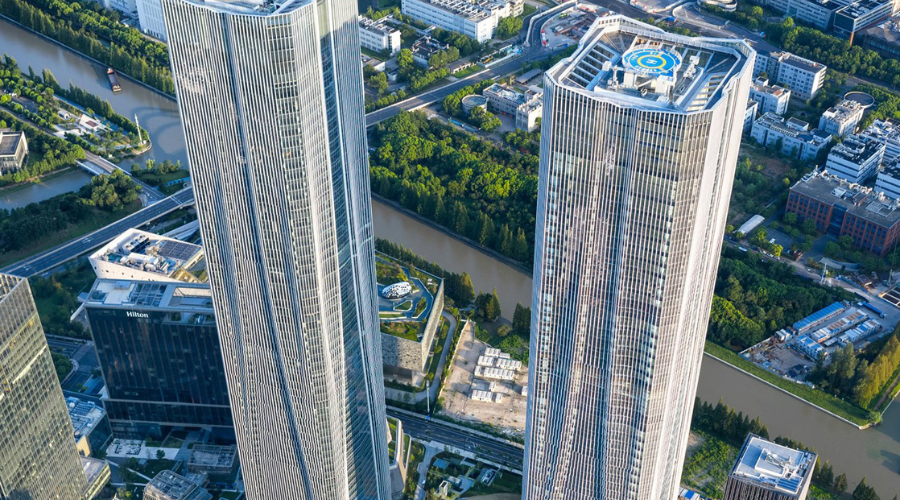 aerial view of two skyscrapers in Shanghai