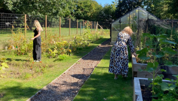 Outdoor garden allotments with two team members working in their spaces