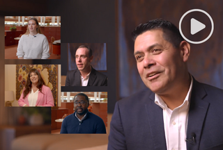 Five SCJ team members with play button graphic